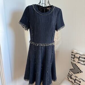 Rebecca Taylor Navy Blue Tweed Fringe Fit & Flare Dress Short Sleeve Classic Sz8